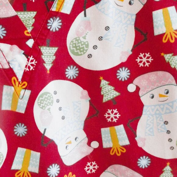 Christmas Snowman Print Peppermint Scrubs Top Red Festive Holiday V-Neck Pockets - Picture 5 of 6